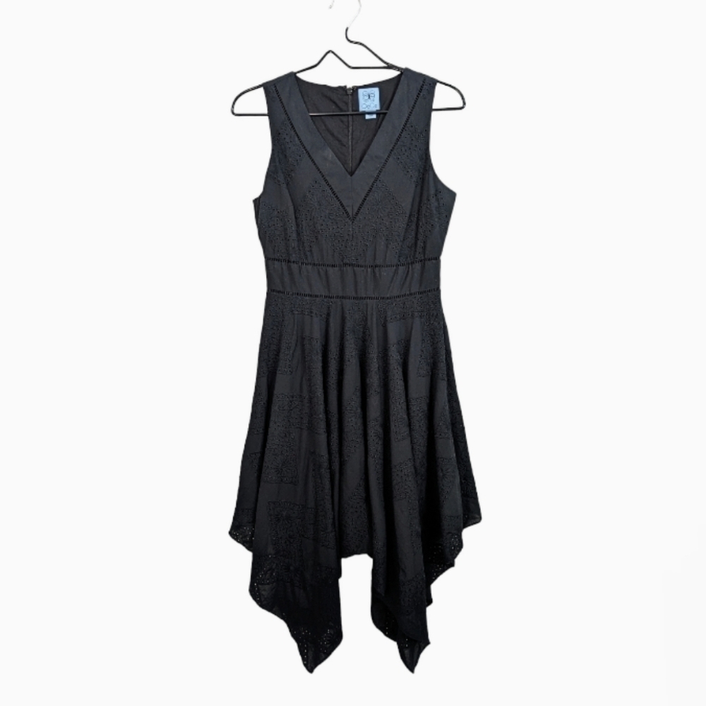 CeCe Black Cotton Eyelet Midi Dress Size 2 Handkerchief Hem Sleeveless V-Neck